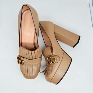 Gucci  Tan/Mud Beige GG Marmont Fringe Platform Leather Loafers Pumps EU 38.5